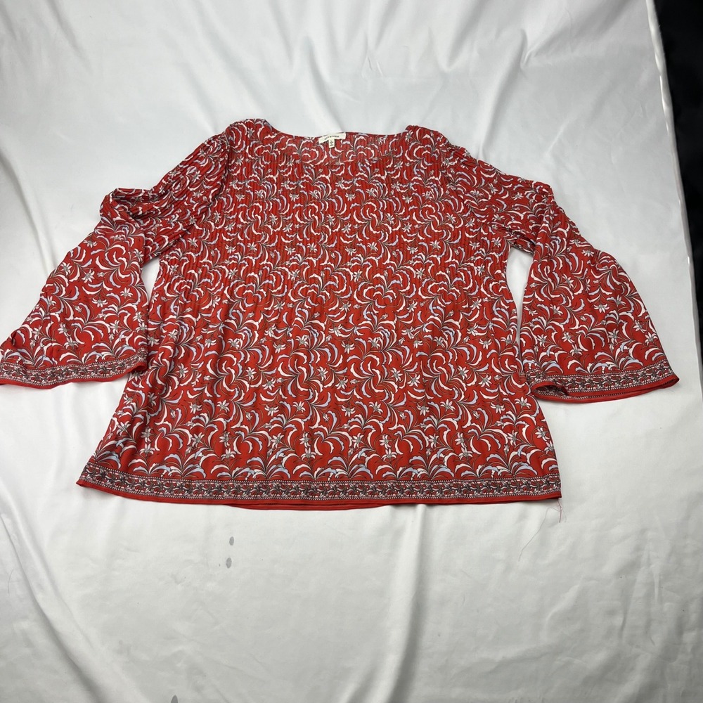 Max Studio Pleated Boho Floral‎ Red Bell Sleeve Blouse 9708D33